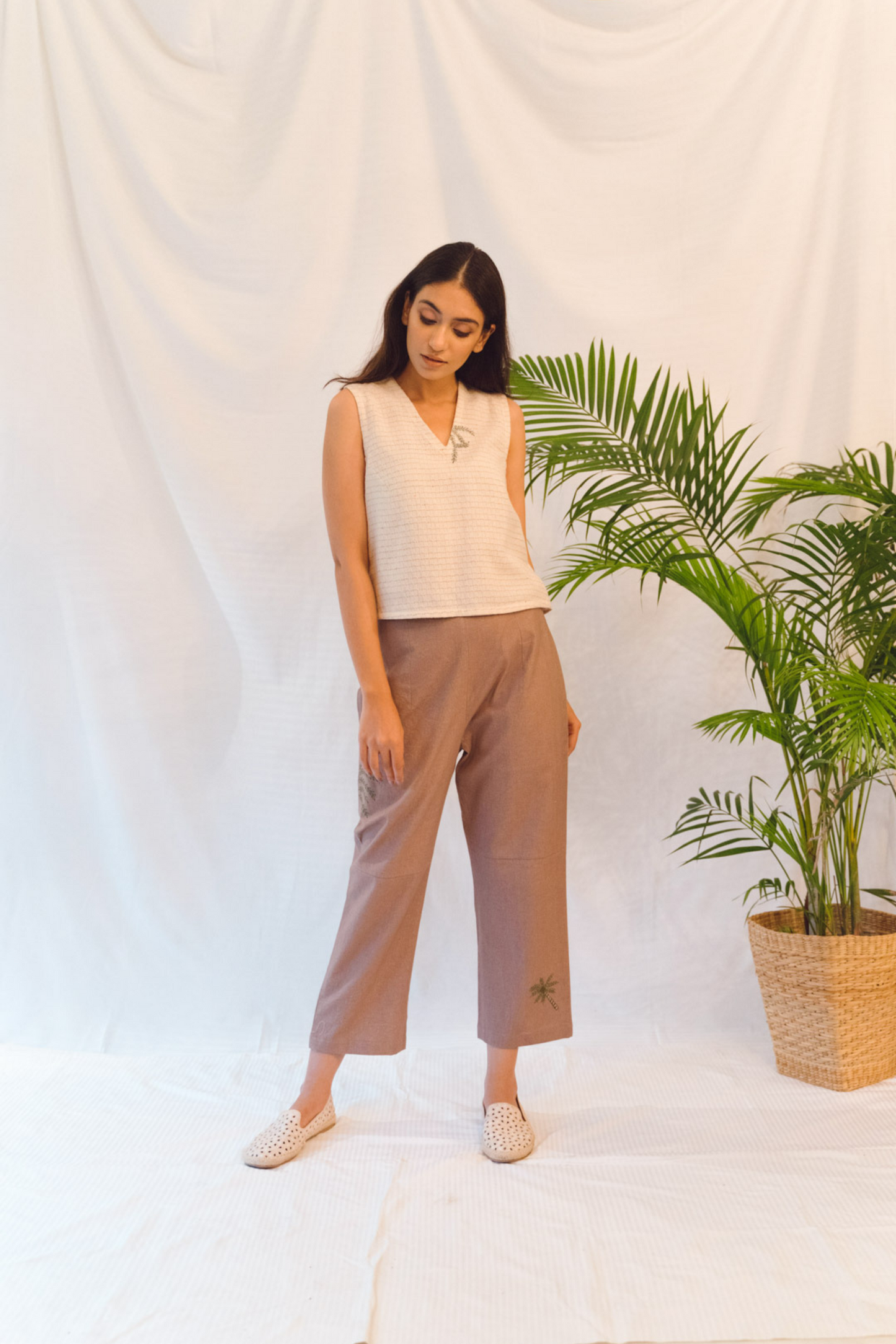 Sui | BEACH ME hand-embroidered, herbal-dyed recycled fabric trousers from Flow Winter Collection 2019