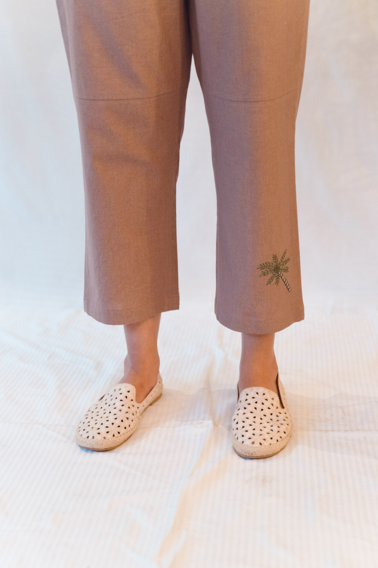 Sui | BEACH ME hand-embroidered, herbal-dyed recycled fabric trousers from Flow Winter Collection 2019