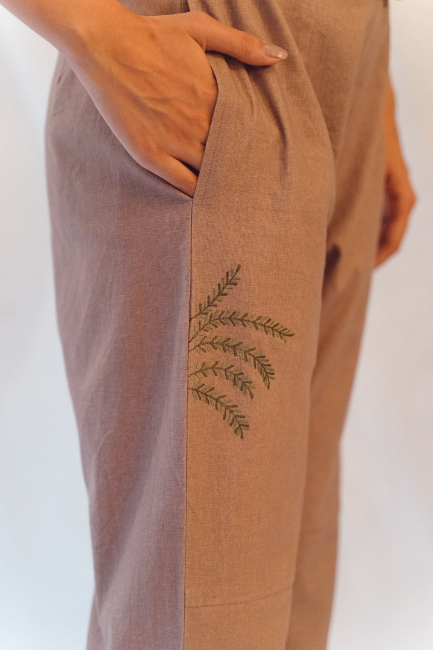Sui | BEACH ME hand-embroidered, herbal-dyed recycled fabric trousers from Flow Winter Collection 2019