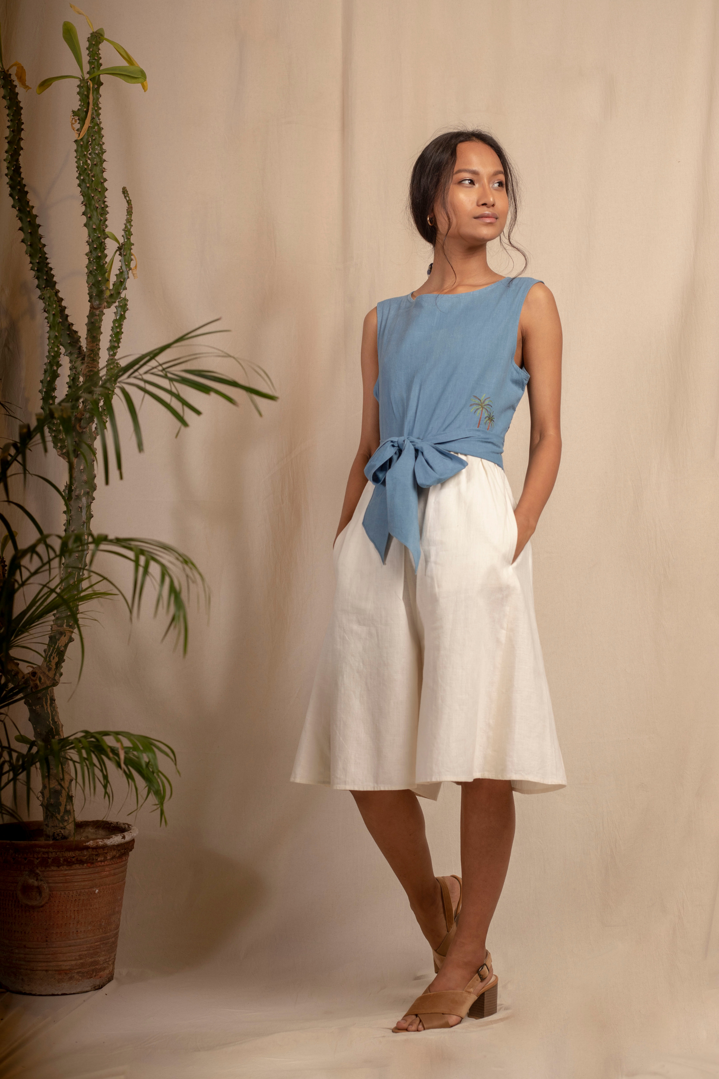 Sui | DAL PALMI embroidered, herbal-dyed hemp sleeveless jumpsuit with button detailing from Granita Summer Collection 2019