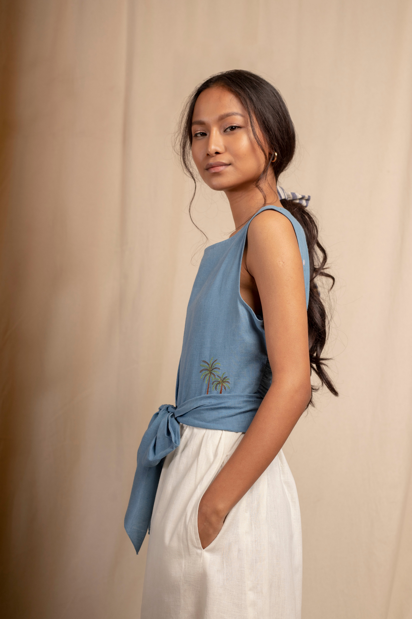 Sui | DAL PALMI embroidered, herbal-dyed hemp sleeveless jumpsuit with button detailing from Granita Summer Collection 2019