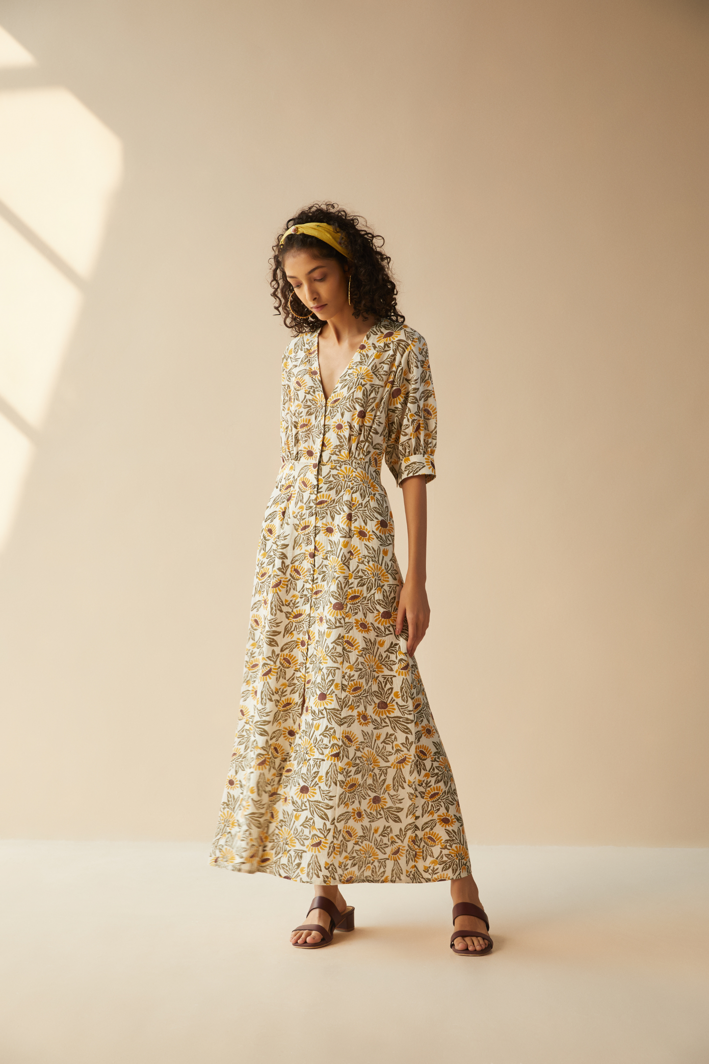 Field of Sunflowers handwoven organic cotton maxi dress
