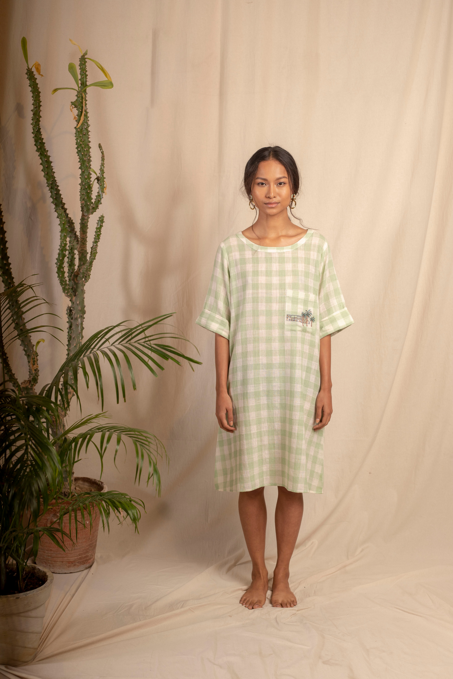 Sui | LERICI hand-embroidered handwoven organic cotton checked shift dress from Granita Summer Collection 2019