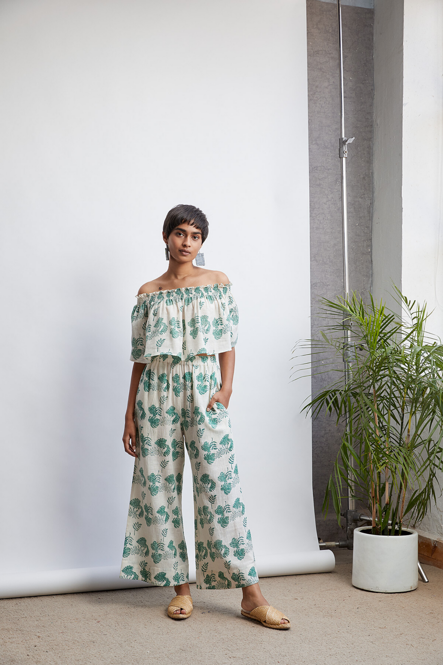 Monstera Me Not handwoven organic cotton trousers