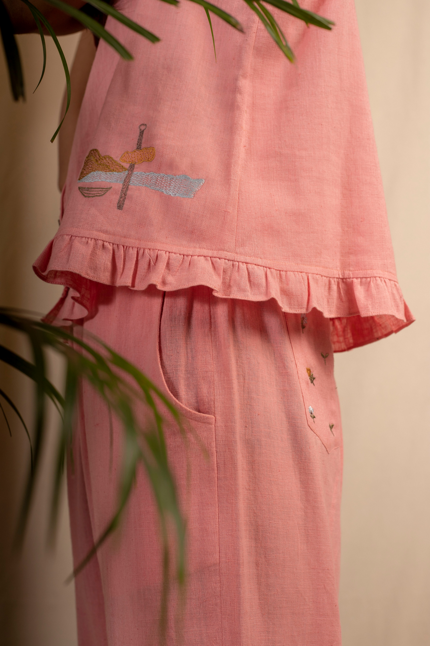 Sui | ROSA embroidered, herbal-dyed handwoven organic cotton strappy top with ruffle details from Granita Summer Collection 2019