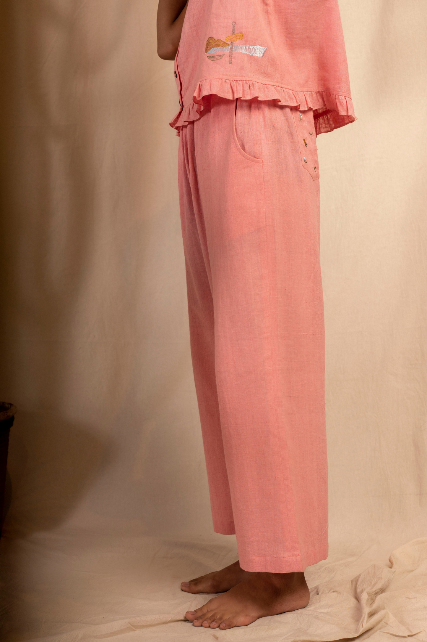 Sui | ROSA embroidered, herbal-dyed handwoven organic cotton casual trousers from Granita Summer Collection 2019