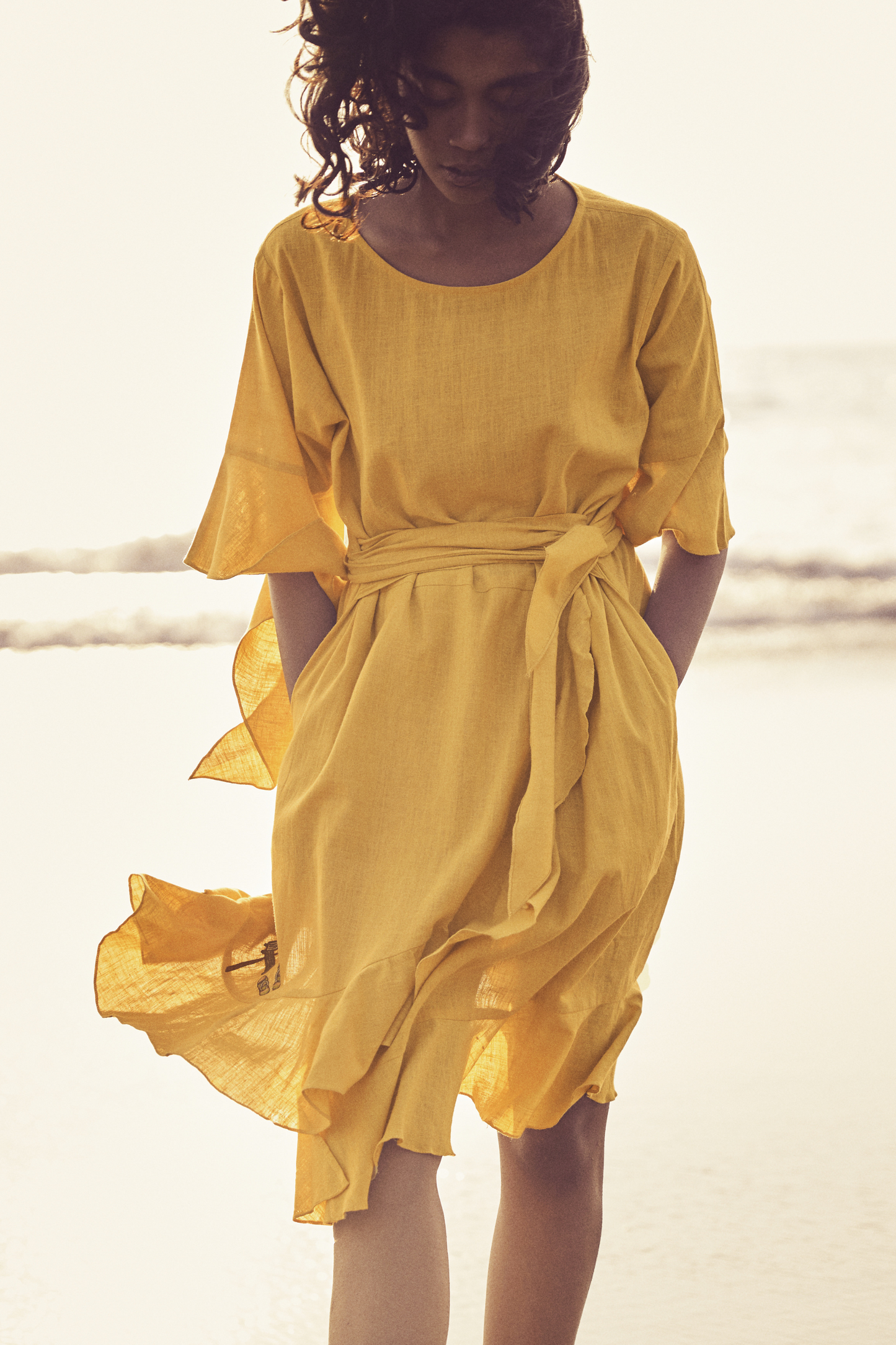 Sui | SERENO hand-embroidered, herbal-dyed handwoven organic cotton belted dress with ruffle details from Granita Summer Collection 2019