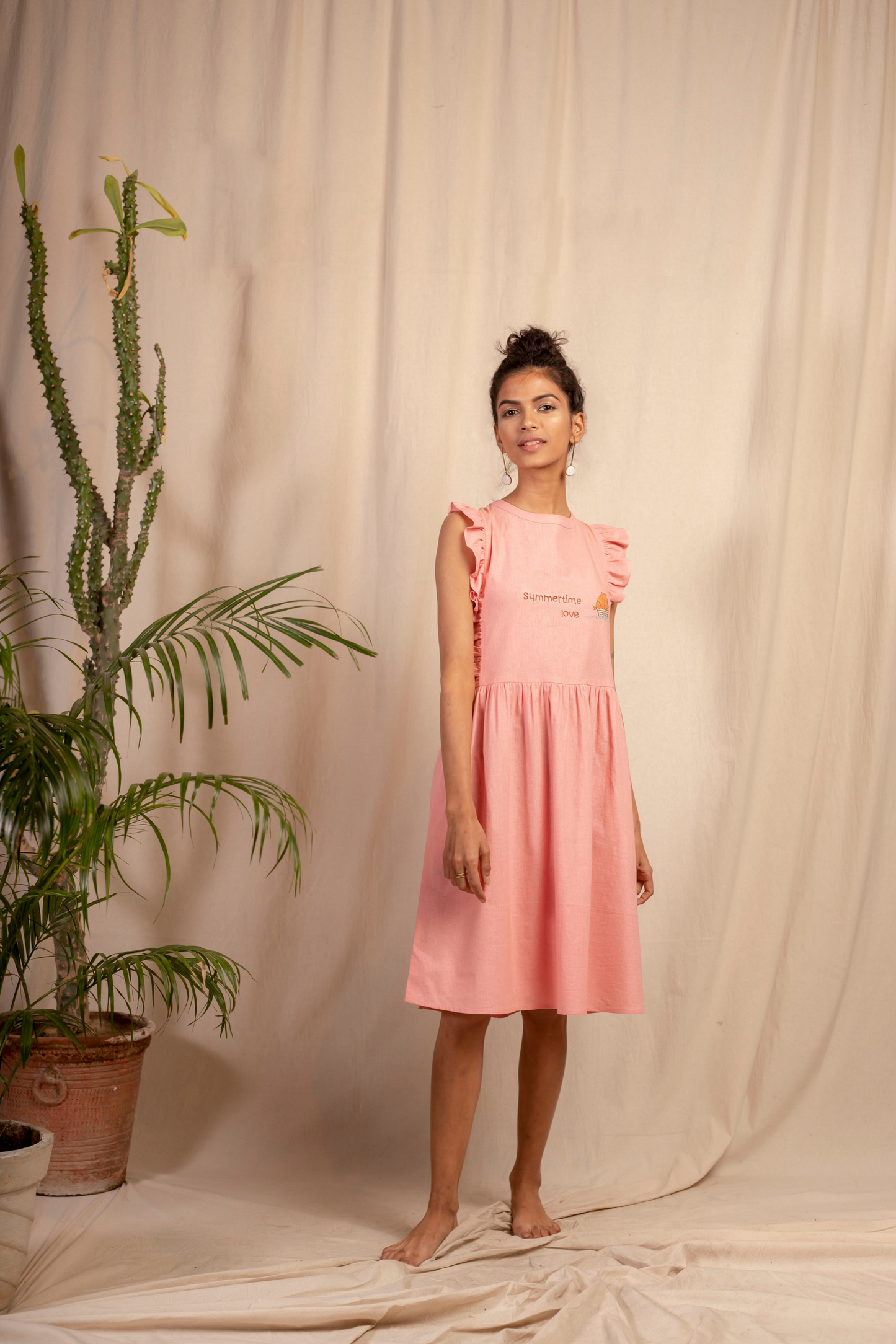 Sui | SUMMERTIME LOVE hand-embroidered, herbal-dyed recycled fabric shift dress with ruffle details from Granita Summer Collection 2019