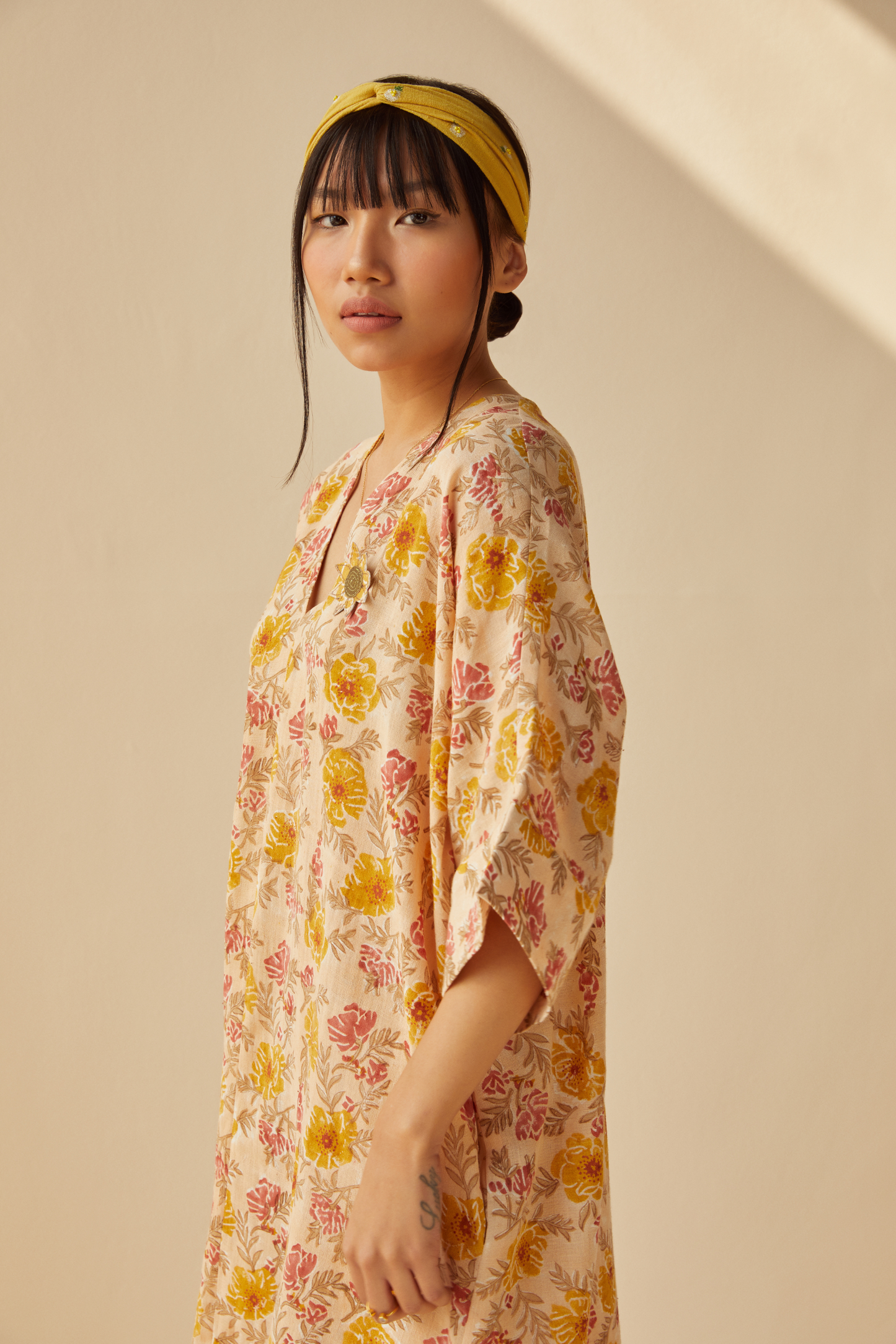 The Flower Power handwoven organic cotton kaftan