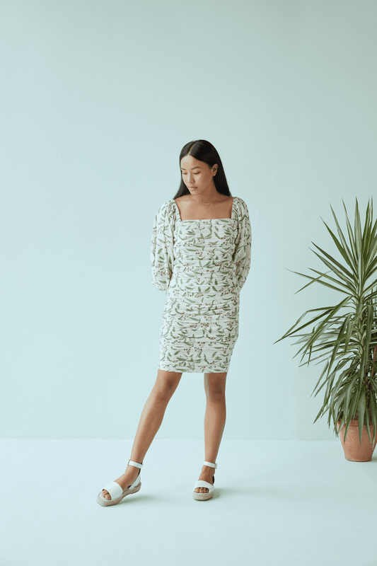 Summer fitted long sleeve square neck kala cotton dress