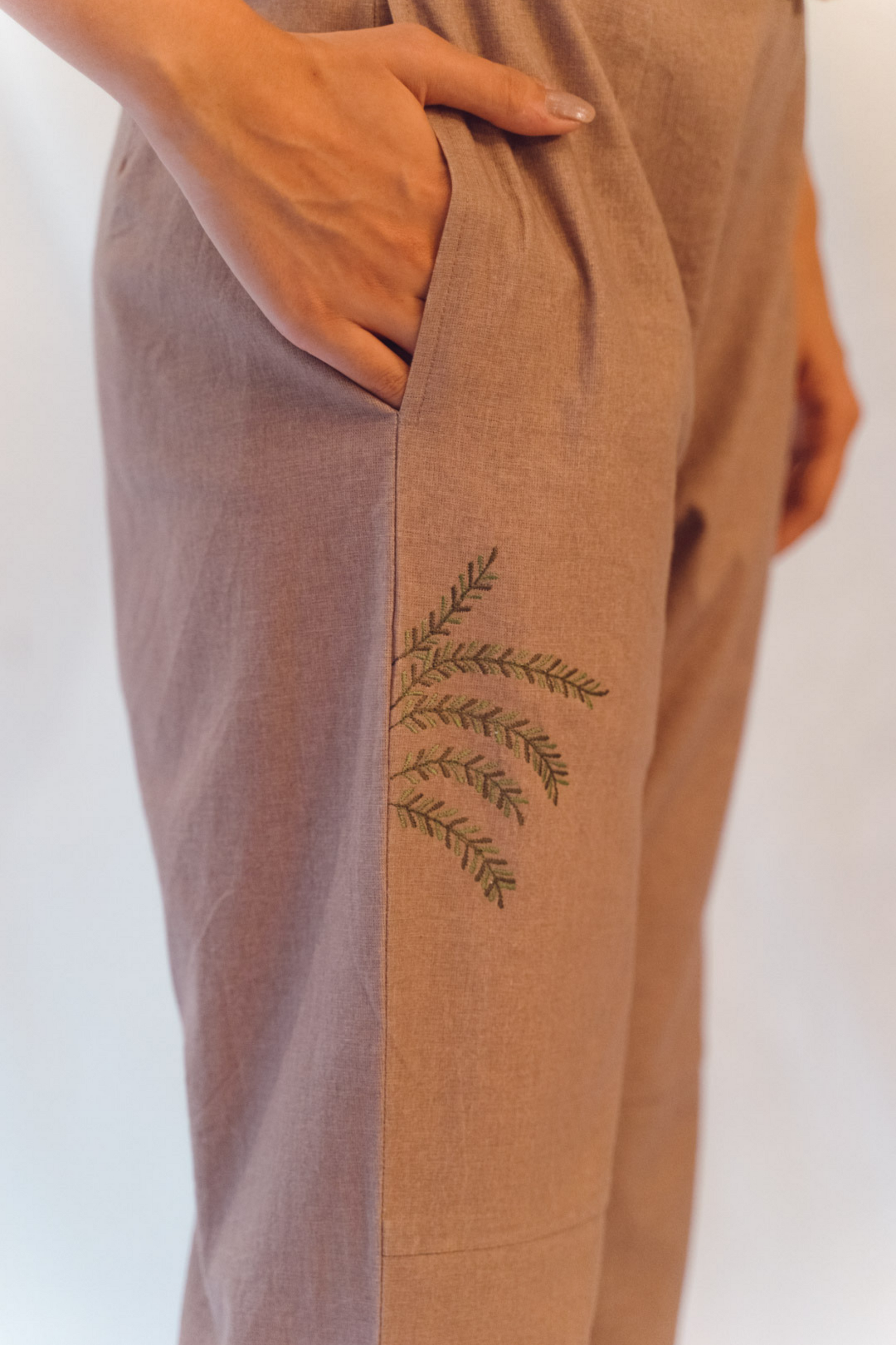 Sui | BEACH ME hand-embroidered, herbal-dyed recycled fabric trousers from Flow Winter Collection 2019