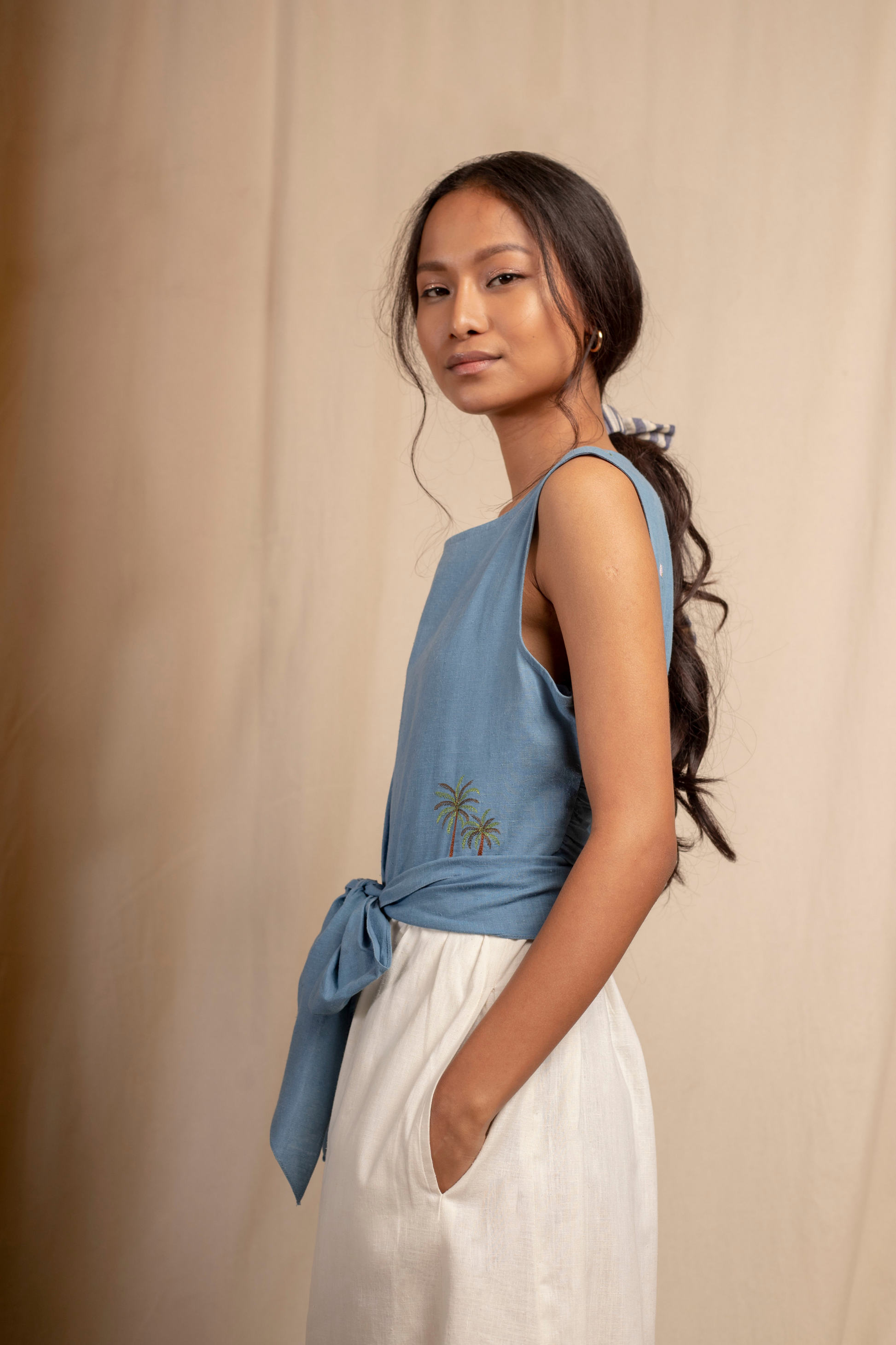  Sui | DAL PALMI embroidered, herbal-dyed hemp sleeveless jumpsuit with button detailing from Granita Summer Collection 2019