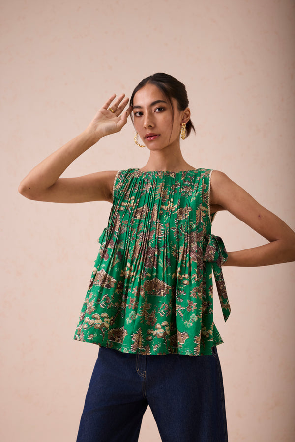 Emerald Pine Pleated Lyocell Blouse