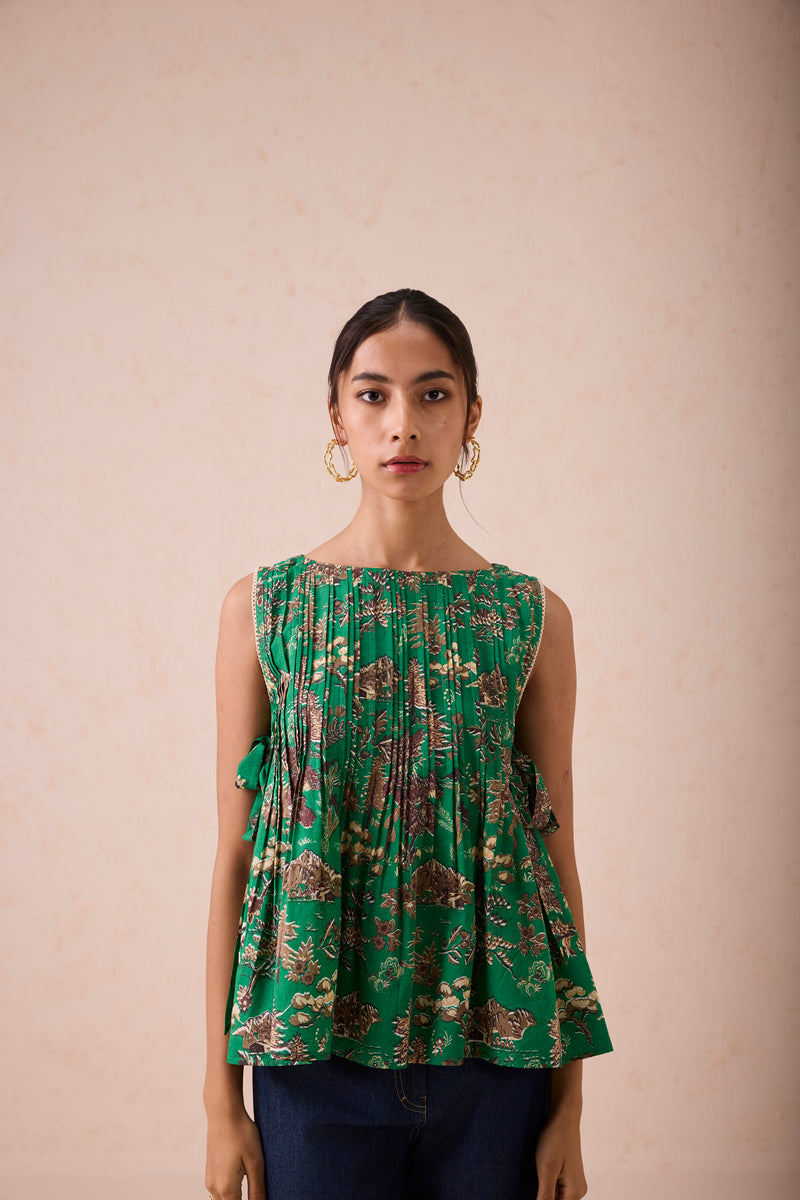 Emerald Pine Pleated Lyocell Blouse