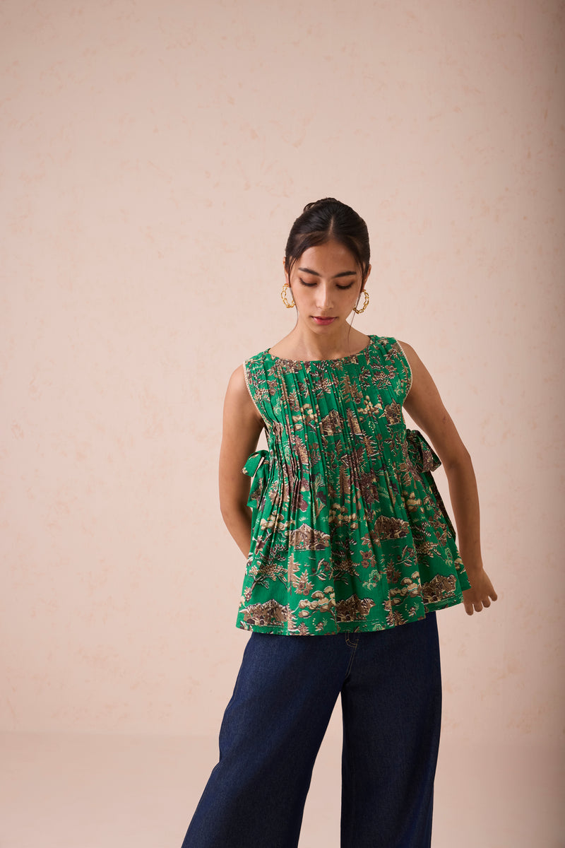 Emerald Pine Pleated Lyocell Blouse