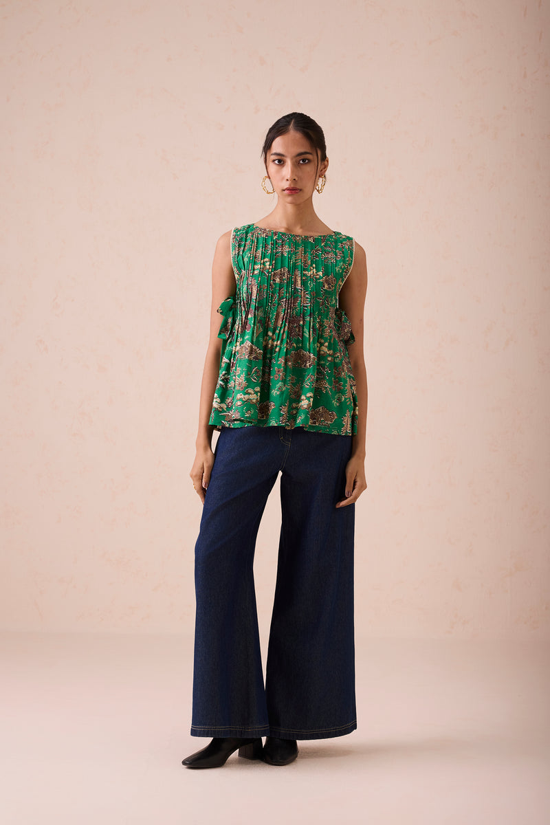 Emerald Pine Pleated Lyocell Blouse