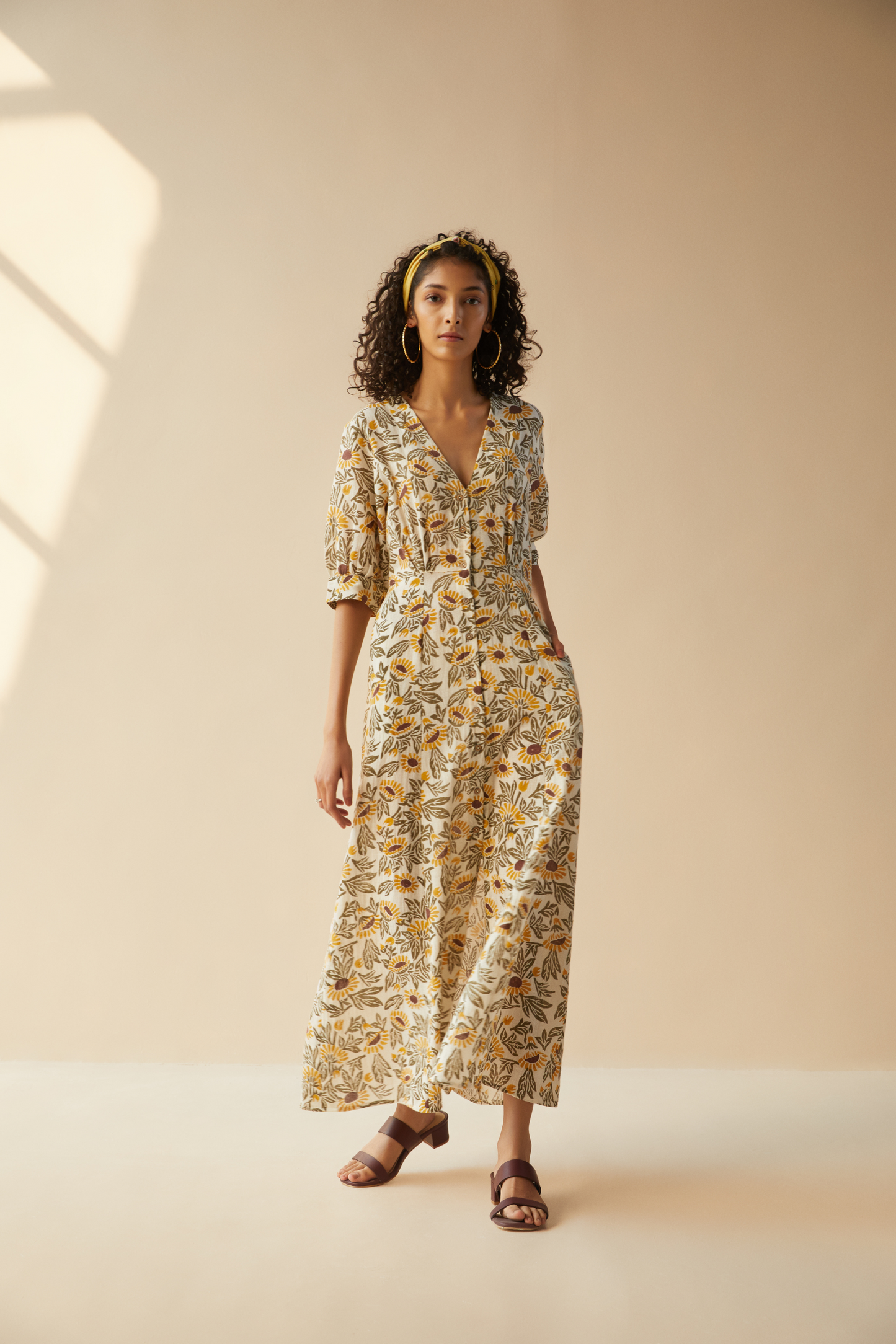 Field of Sunflowers handwoven organic cotton maxi dress