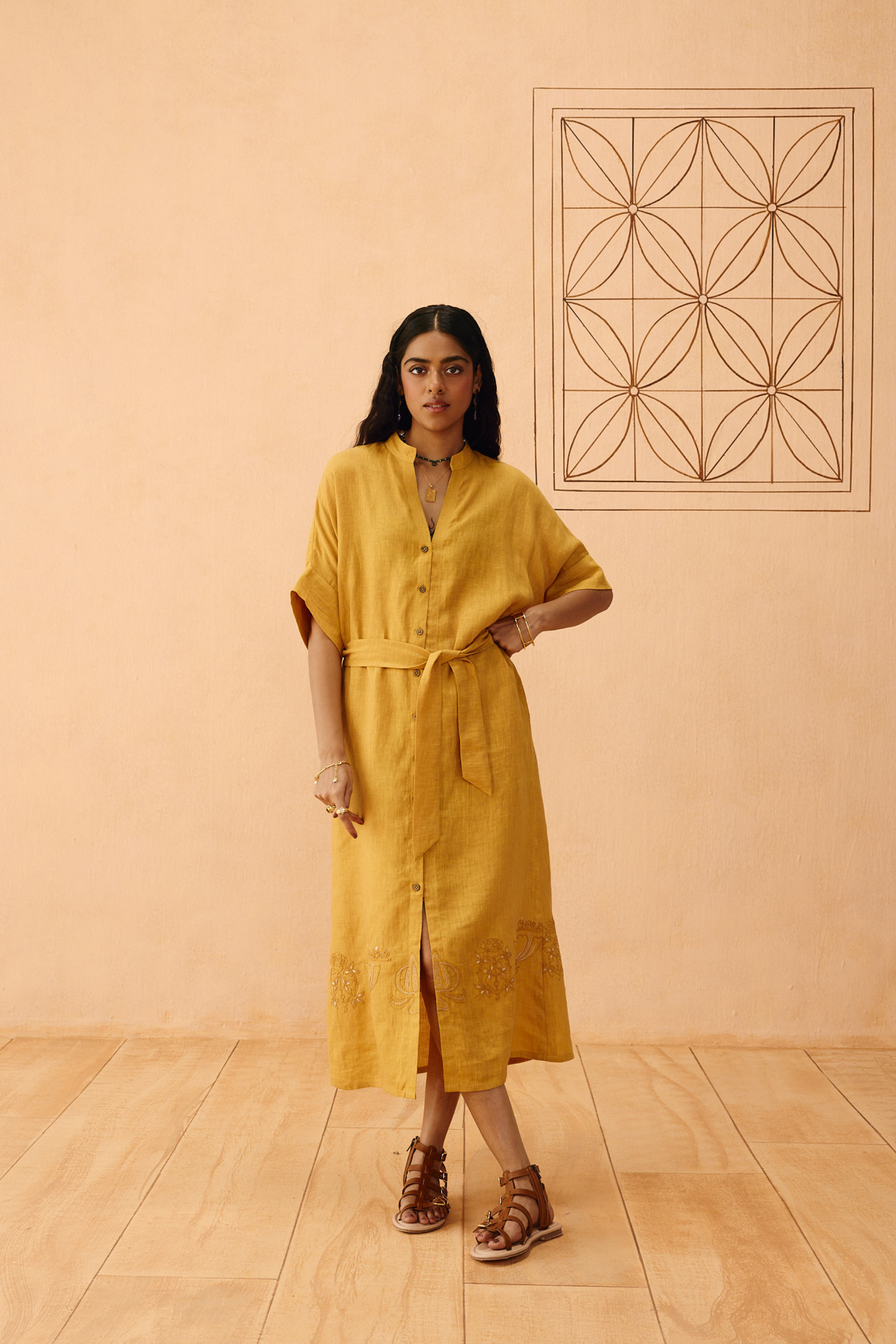 Golden Palm Linen Maxi Dress