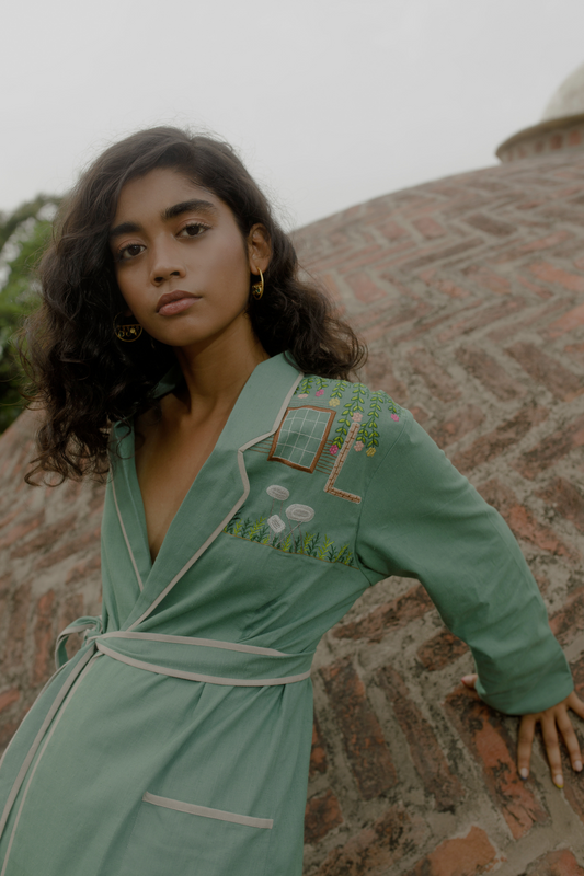 Sui | GREEN TRAIL hand and machine embroidered, herbal-dyed hemp jacket from Flow Winter Collection 2019