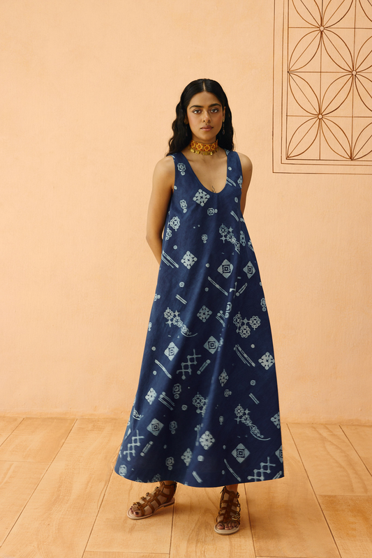 Indigo Ornament Organic Cotton Maxi Dress