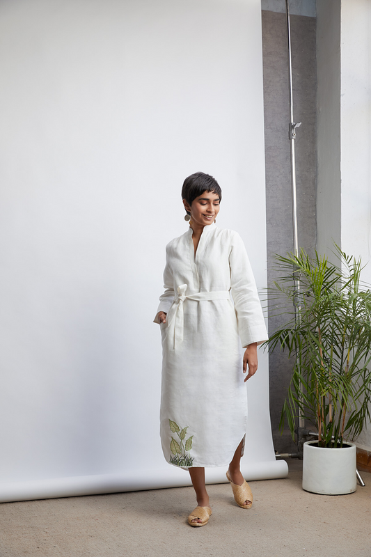 Leafy lazy tie hemp maxi dress