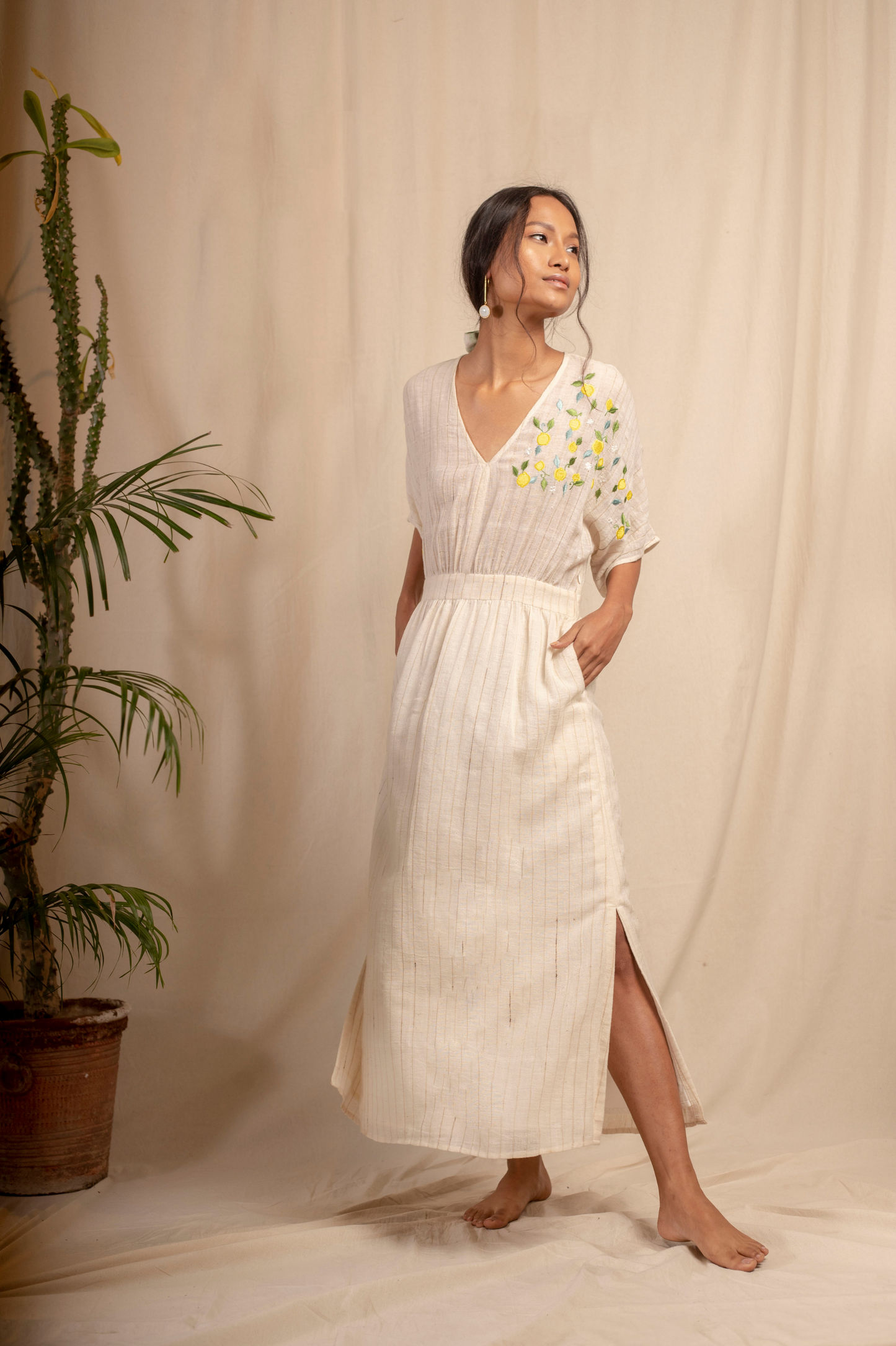 Sui | LIMONE naturally dyed, embroidered handwoven organic cotton maxi dress from Granita Summer Collection 2019