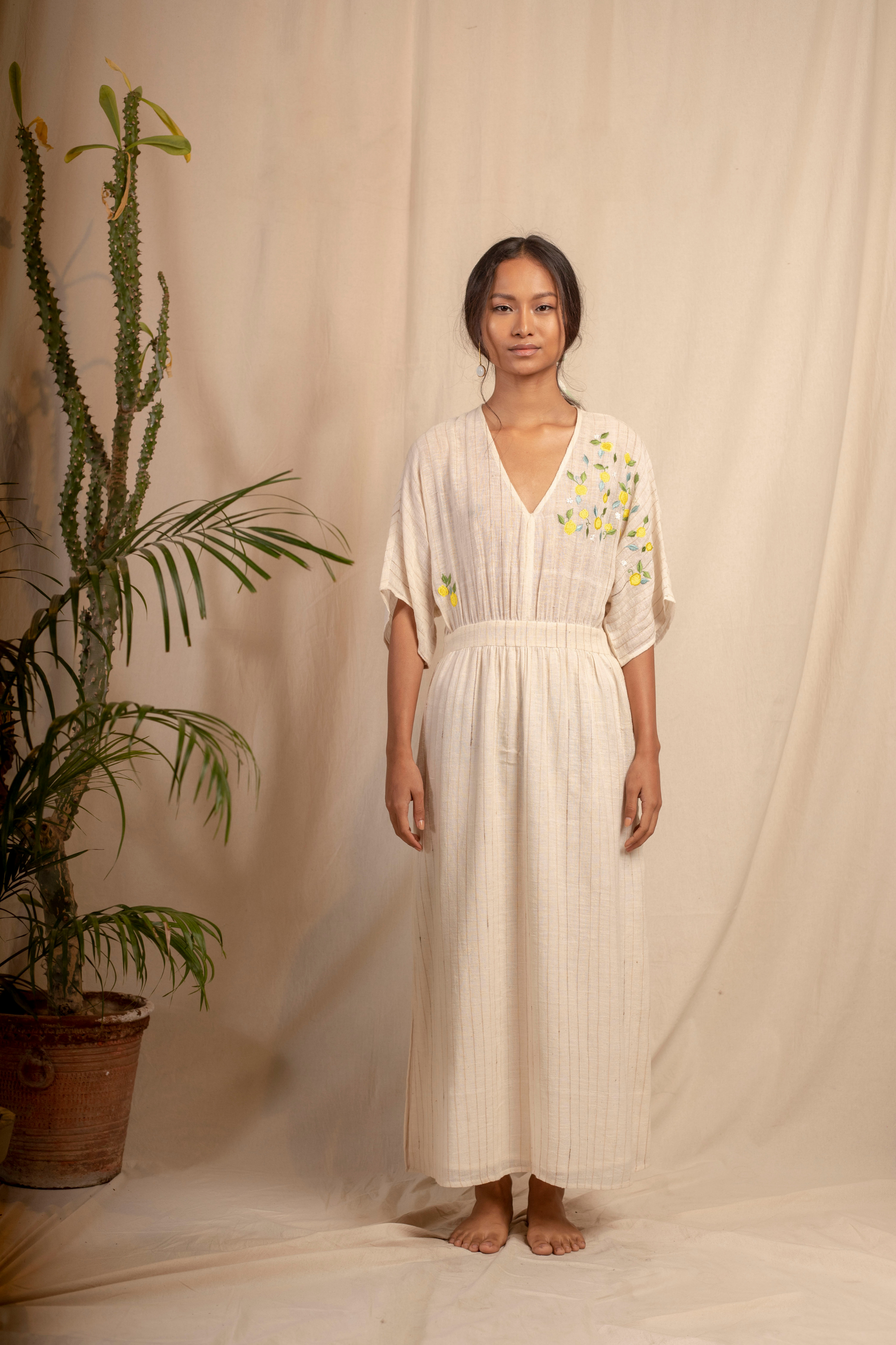 Sui | LIMONE naturally dyed, embroidered handwoven organic cotton maxi dress from Granita Summer Collection 2019