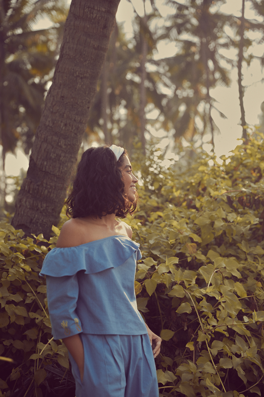 Sui | MARE BLU hand-embroidered, herbal-dyed hemp one-shoulder top from Granita Summer Collection 2019