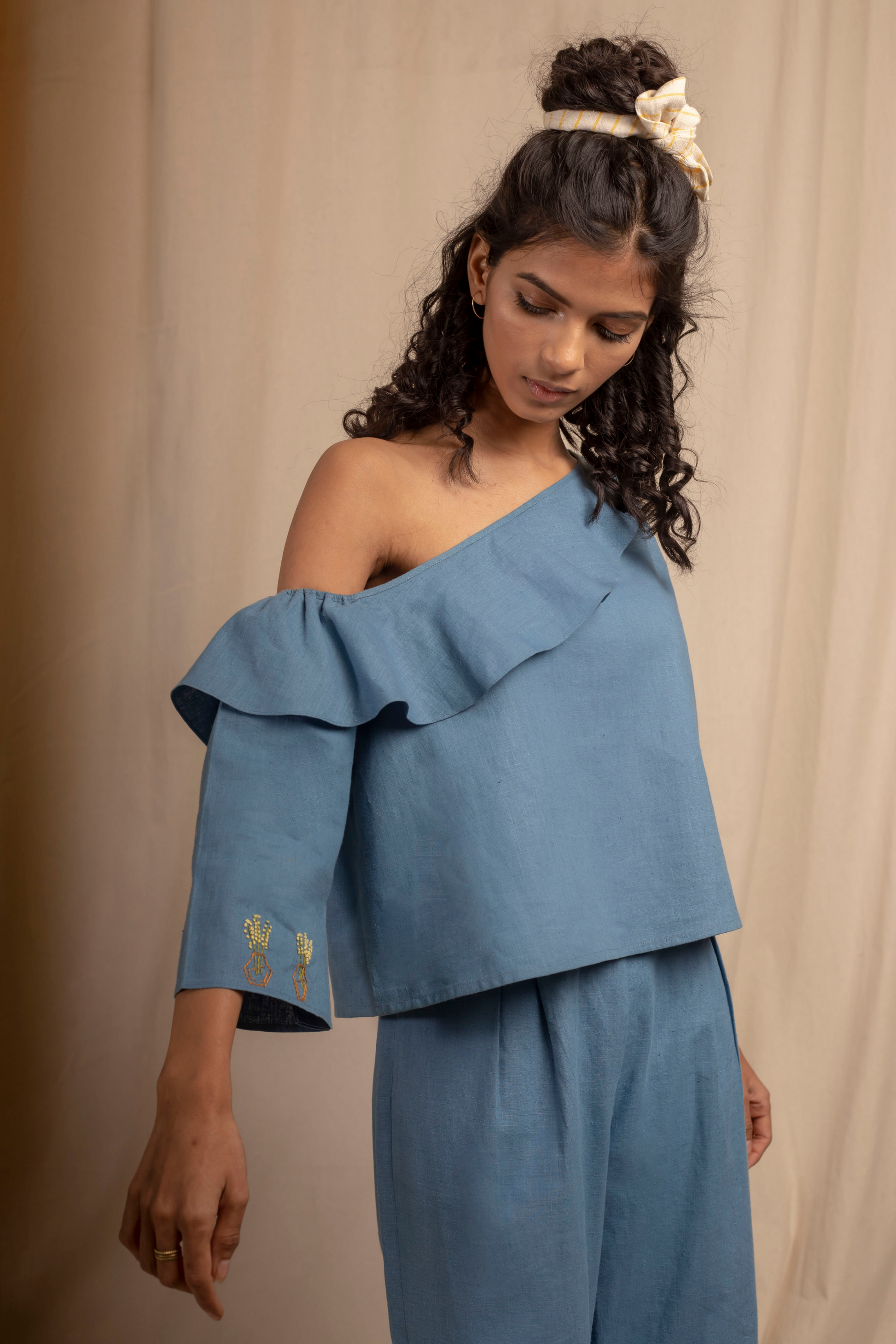 Sui | MARE BLU hand-embroidered, herbal-dyed hemp one-shoulder top from Granita Summer Collection 2019