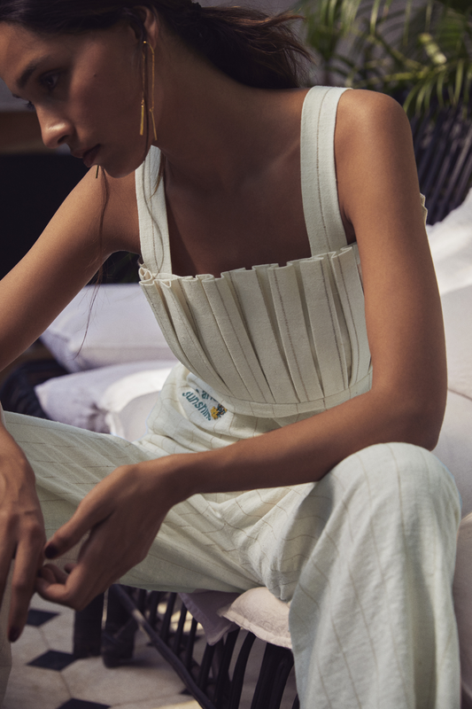 Sui | MARIA hand-embroidered, naturally dyed handwoven organic cotton pleated strappy top from Granita Summer Collection 2019