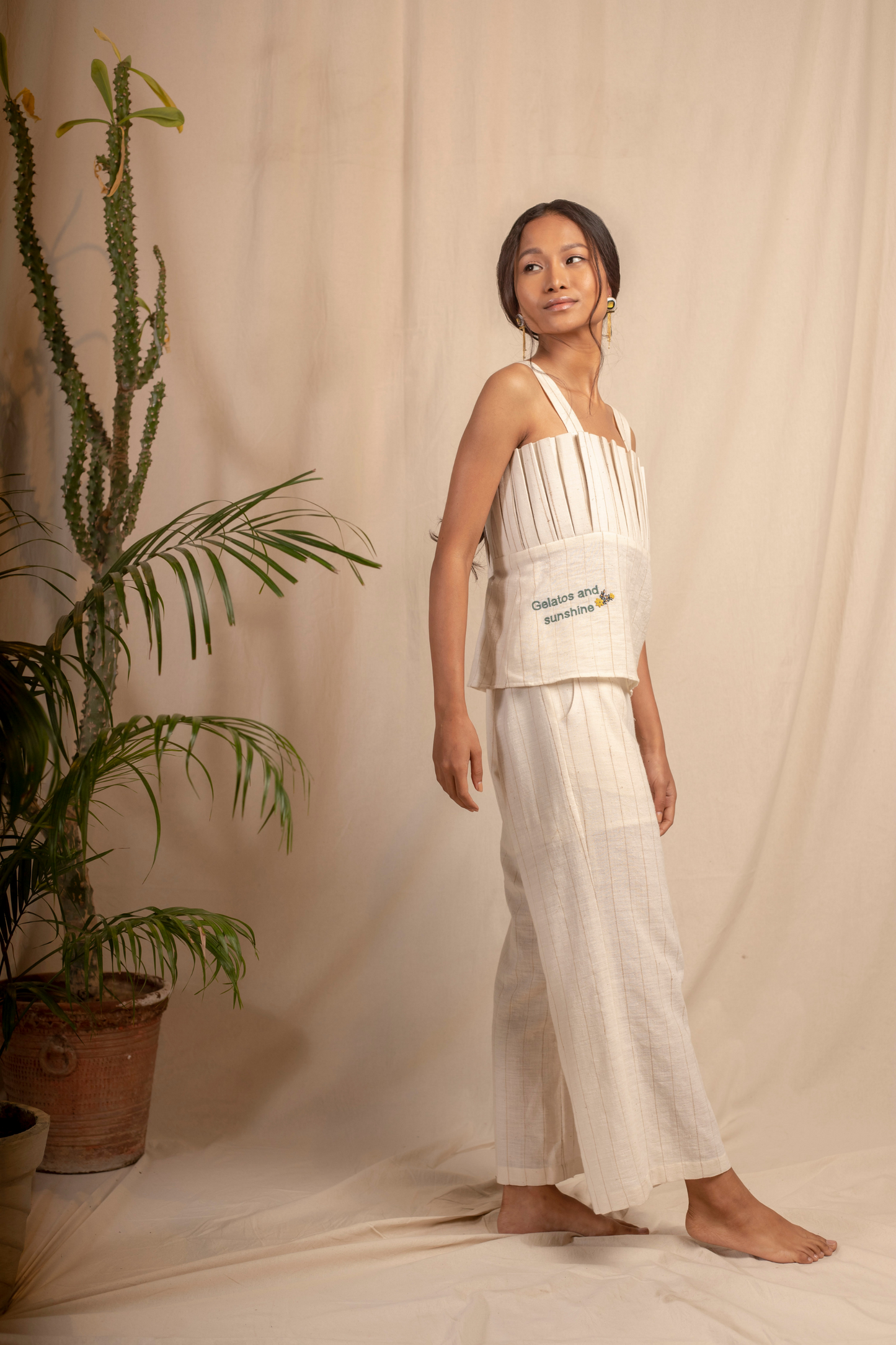 Sui | MARIA hand-embroidered, naturally dyed handwoven organic cotton pleated strappy top from Granita Summer Collection 2019