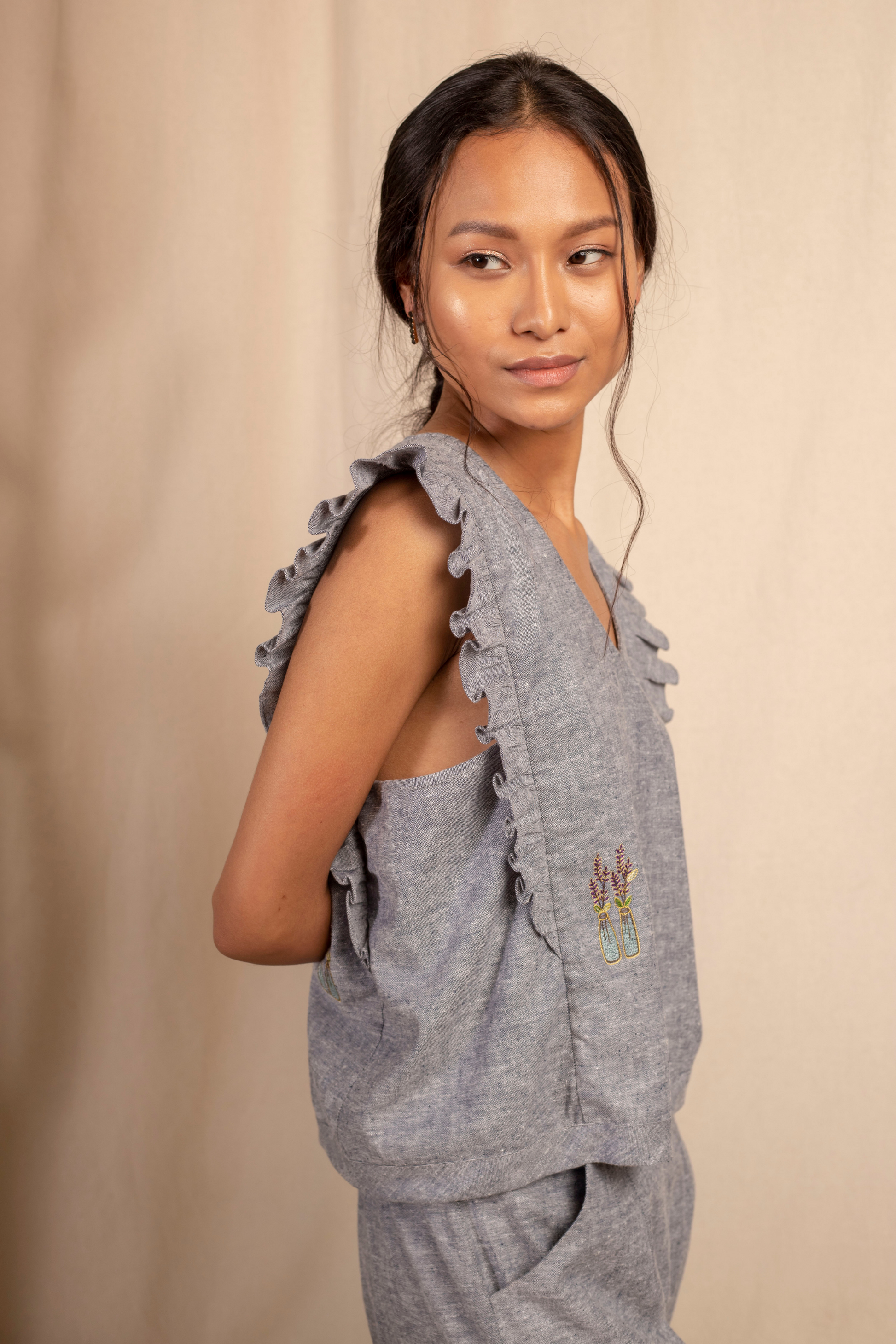Sui | MARINA embroidered hemp denim casual top with ruffle details from Granita Summer Collection 2019