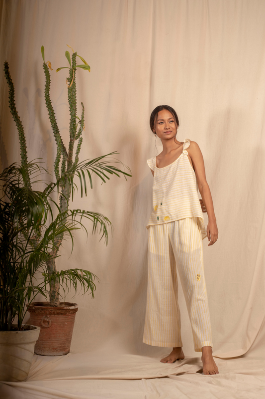 Sui | MELONE embroidered handwoven organic cotton casual striped trousers from Granita Summer Collection 2019