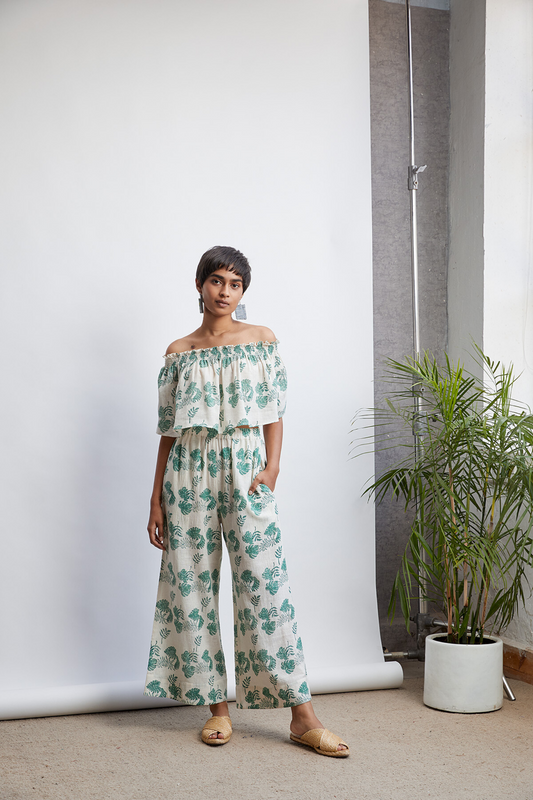 Monstera Me Not handwoven organic cotton trousers