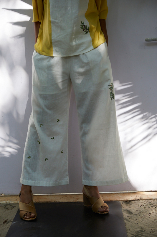 olive me handwoven organic cotton white wide leg trousers