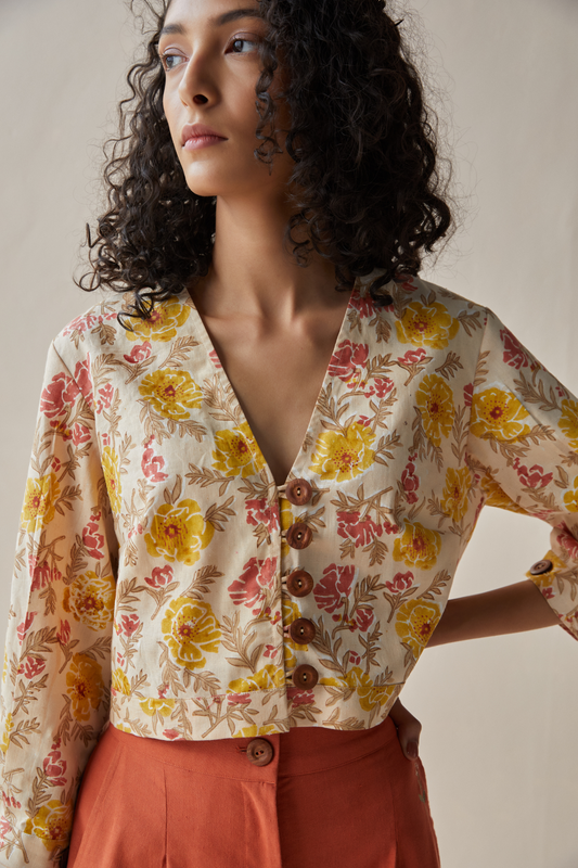The flower power hemp v neck button crop top