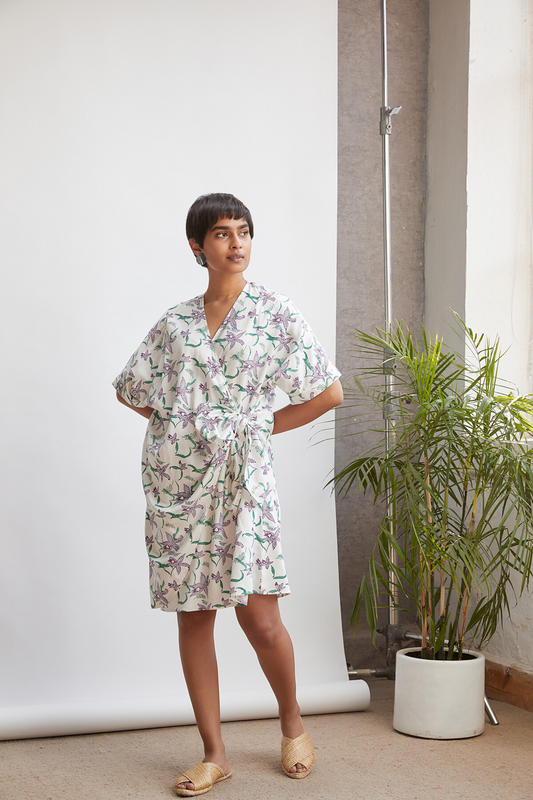 The orchid wrap printed midi dress