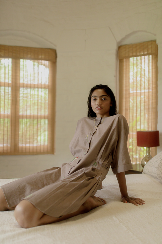 Sui | THE LIGHTHOUSE hand-embroidered, herbal-dyed recycled fabric dress with a cinched waist from Flow Winter Collection 2019