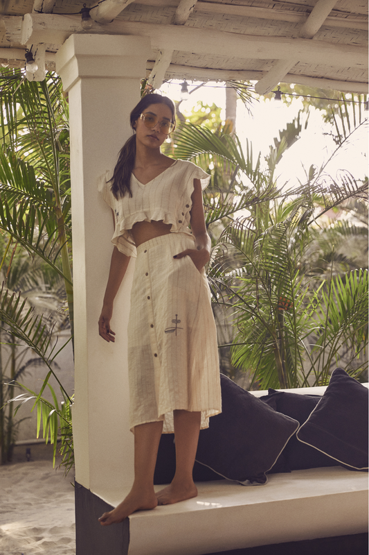 Sui | VANIGLIA hand-embroidered, naturally dyed handwoven organic cotton casual a-line skirt from Granita Summer Collection 2019