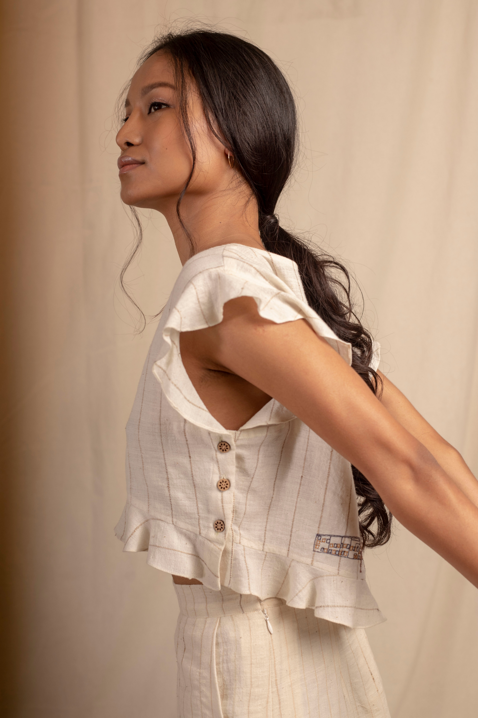 Sui | VANIGLIA naturally dyed, hand-embroidered handwoven organic cotton crop top from Granita Summer Collection 2019