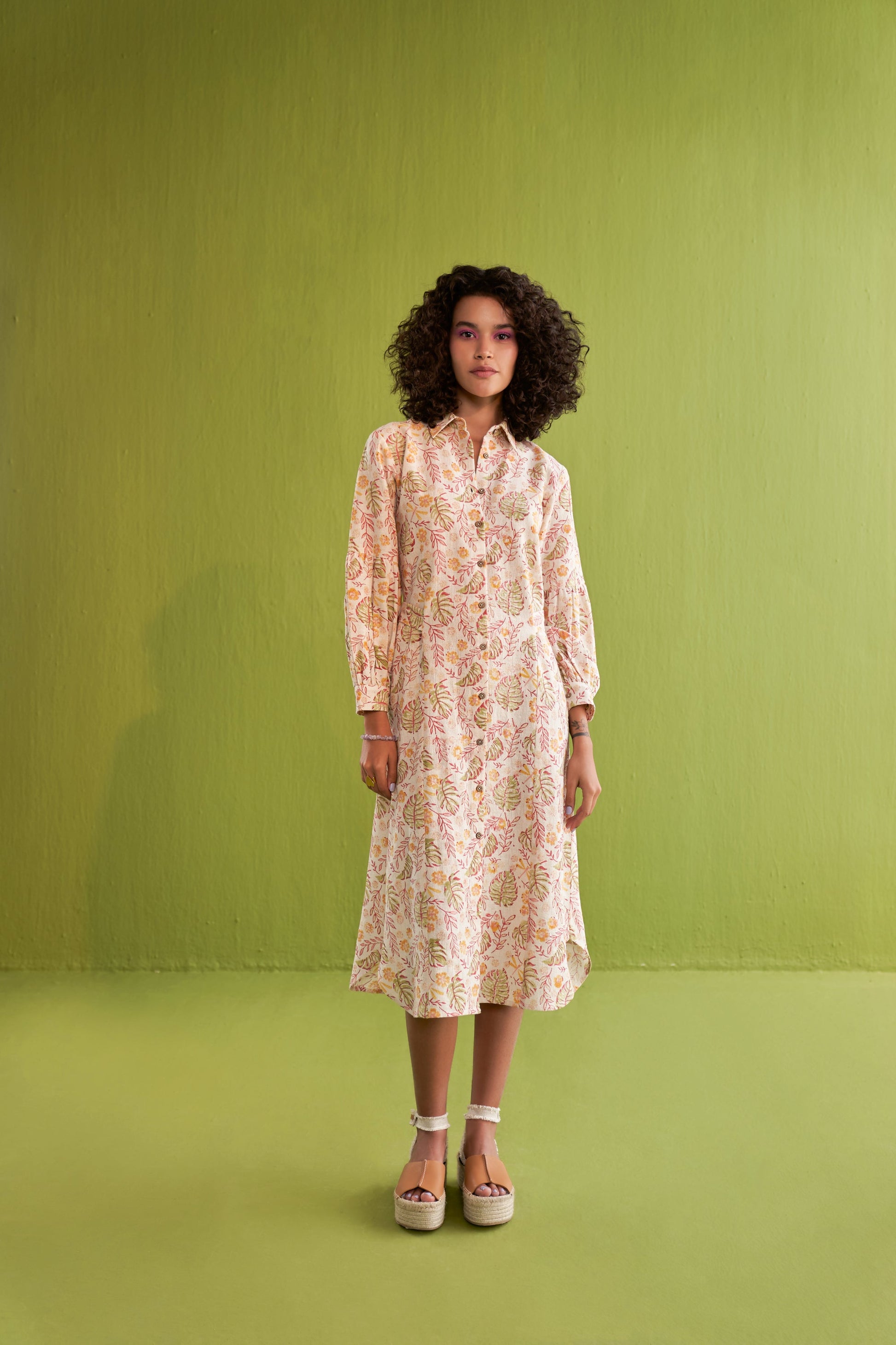 Wild Monstera Handwoven Organic Cotton Midi Shirt Dress SUI
