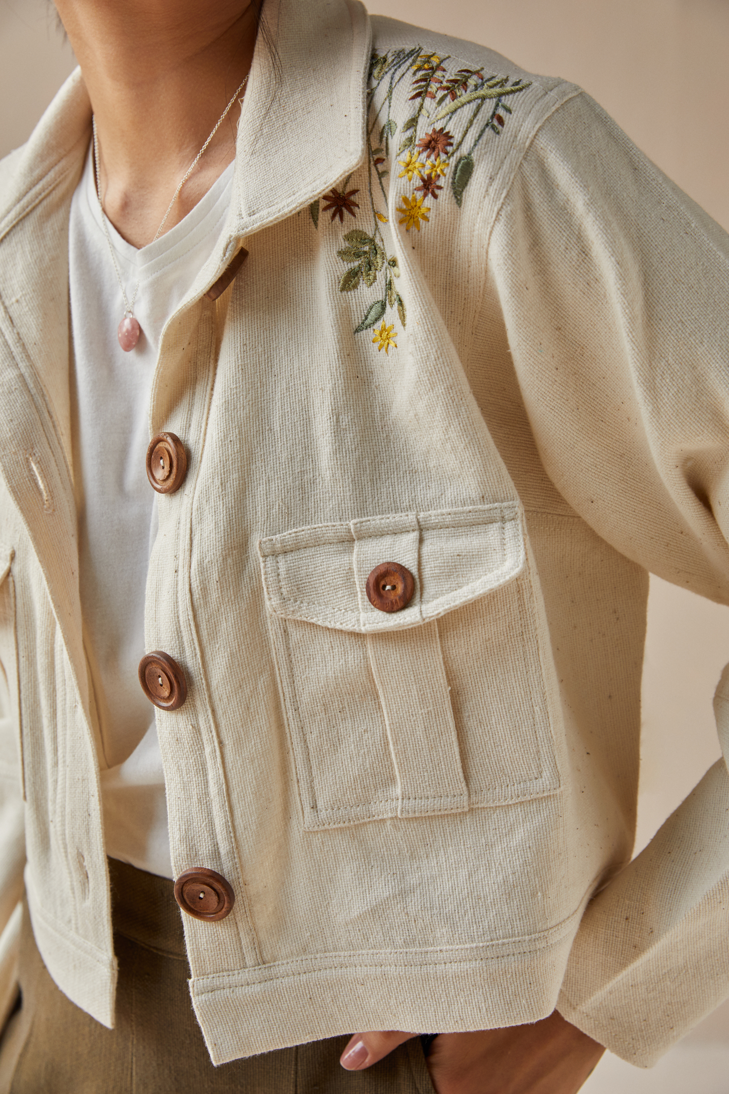 Wildflower Oasis handwoven organic cotton crop jacket
