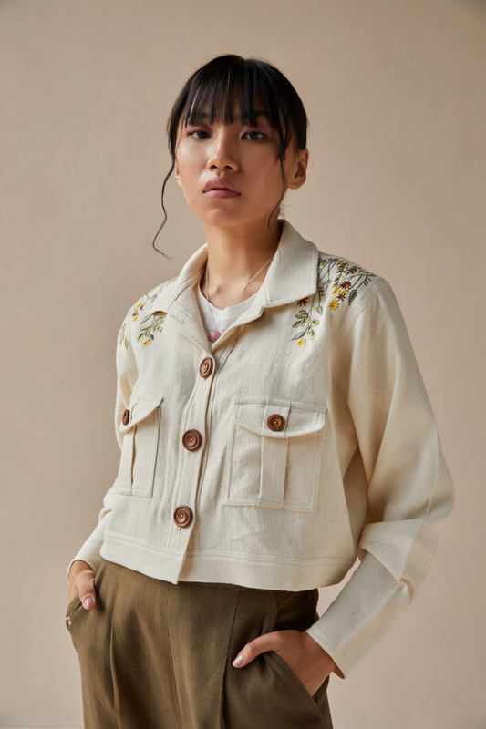 Wildflower Oasis handwoven organic cotton crop jacket